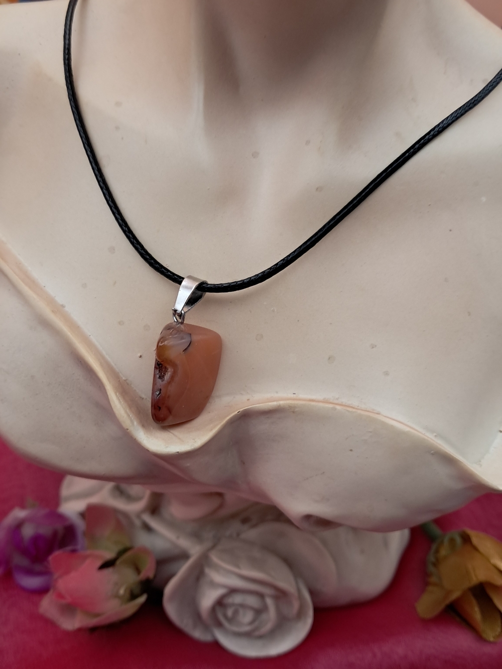 Tumbled Dendritic Carnelian & Black Waxed Cord Necklace (Silvertone)